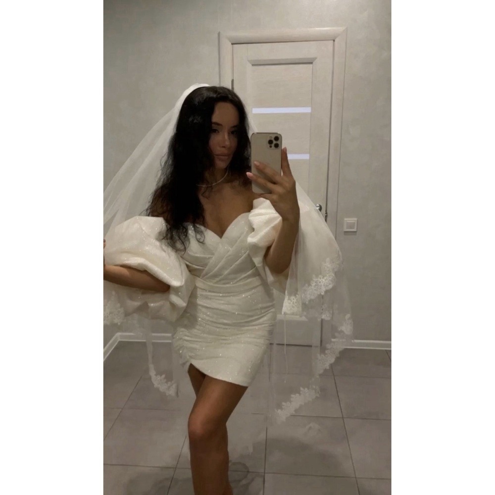 Custom Bridal Mini Dress Puff Sleeve White Wedding Reception Elopement Veil